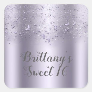 Sticker Carré Fête des 16 ans Papillon scintillant lilas