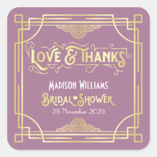 Sticker Carré Fête des mariées Art Déco Gold Lilac Love & Thanks