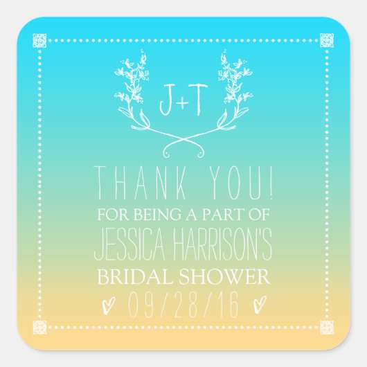Sticker Carré Fête des mariées Monogram Wreath Beach Ombre (Devant)