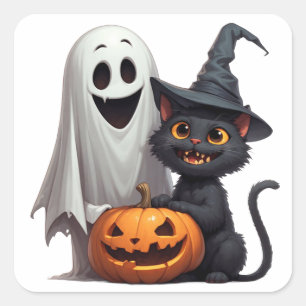 Sticker Carré Fête d'Halloween avec Fantôme et Chat Noir 👻