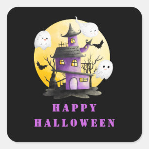 Sticker Carré Fête d'Halloween avec Maison hantée et Fantômes