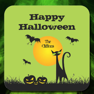 Sticker Carré Fête d'Halloween de chat noir