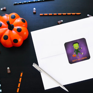 Sticker Carré Fête d'Halloween pour les enfants Frankenstein