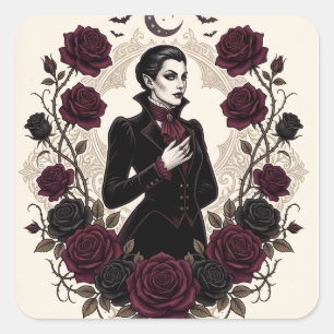 Sticker Carré Fête d'Halloween Vampire Gothique Rose de Bourgogn