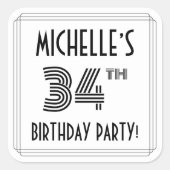 Sticker Carré Fête du 34e anniversaire : Style Art Déco + Nom pe (Devant)