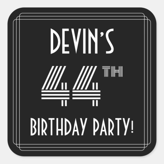 Sticker Carré Fête du 44e anniversaire : Art Déco Style & Nom pe (Devant)