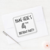 Sticker Carré Fête du 4e anniversaire : Style Art Déco + Nom per (Enveloppe)