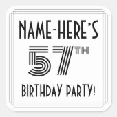 Sticker Carré Fête du 57e anniversaire : Style Art Déco + Nom pe (Devant)