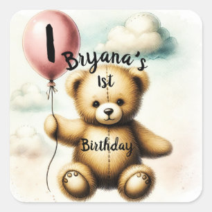 Sticker Carré Fête du premier anniversaire Teddy Bear Blue Ballo