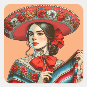 Sticker Carré Fête Fiesta Mujer Mariachi Party Favoriser