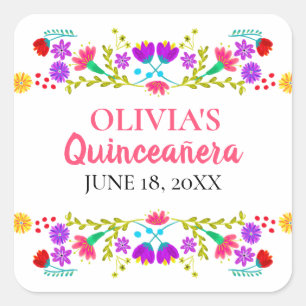 Sticker Carré Fête mexicaine de mes quince ans aux fleurs coloré