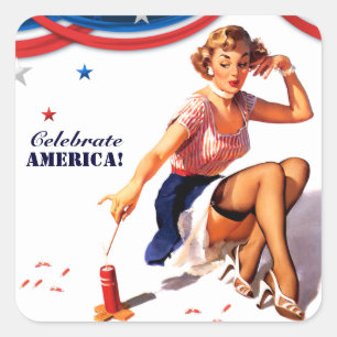 Sticker Carré Fêtez l'Amérique. 4 juillet Retro Pin up