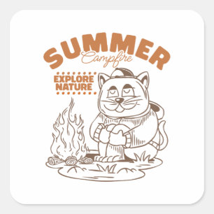 Sticker Carré Feu de camp d'été Explorez la nature - Chat Vintag