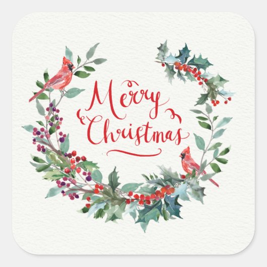 Sticker Carré Feuillage de Noël, houx, Cardinal (Devant)