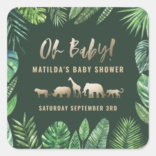 Sticker Carré Feuillage tropical + animaux d'or baby shower (Devant)