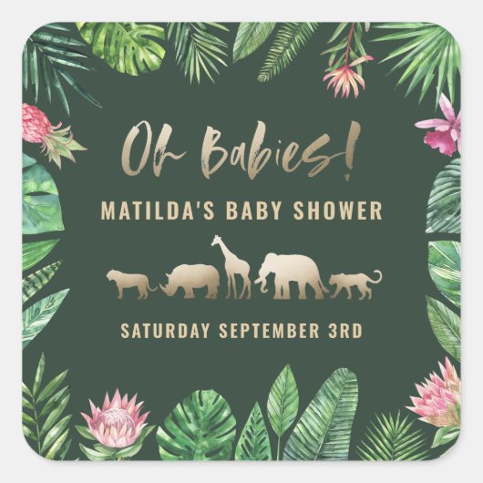 Sticker Carré Feuillage tropical + animaux d'or baby shower (Devant)