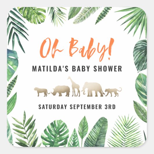 Sticker Carré Feuillage tropical + animaux d'or baby shower (Devant)
