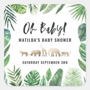 Sticker Carré Feuillage tropical + animaux d'or baby shower