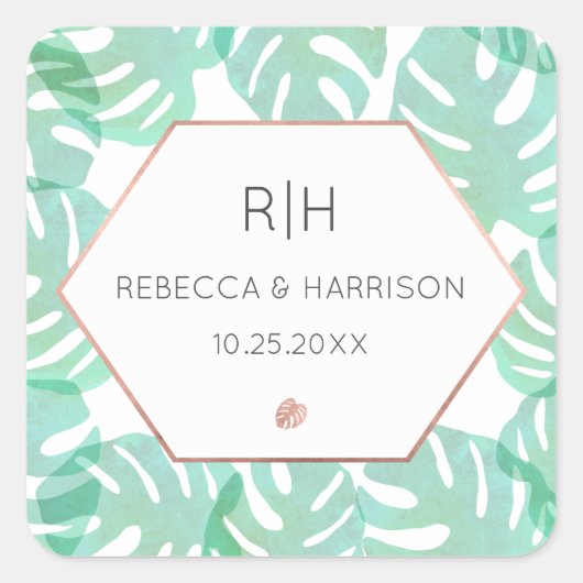 Sticker Carré Feuille et or Rose Monstera (Devant)