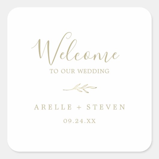 Sticker Carré Feuille minimale | Bienvenue Mariage or (Devant)