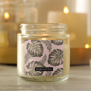 Sticker Carré Feuille Tropical Pink & Gold Palm Motif et nom