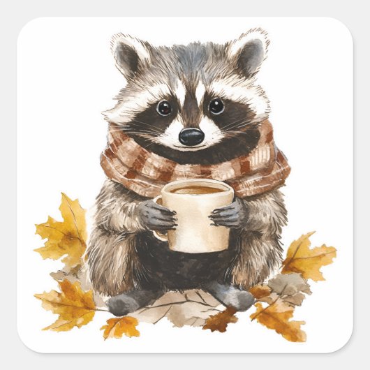 Sticker Carré Feuilles d'automne confortable raccoon avec tasse (Devant)