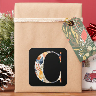Sticker Carré Feuilles d'automne Lettre modèle C Noir initial