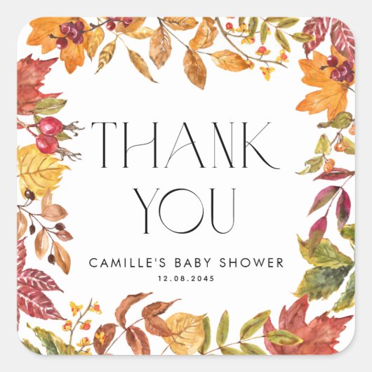 Sticker Carré Feuilles d'automne Merci Baby shower de couronne (Devant)