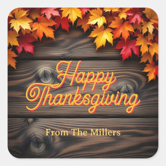 Sticker Carré Feuilles d'automne sur du bois rustique Joyeux Tha (Devant)