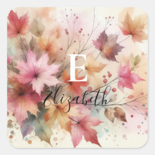 Sticker Carré Feuilles d'automne typographie couleur pastel aqua