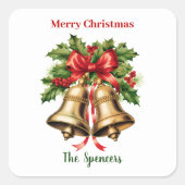 Sticker Carré Feuilles de houx et baies Cloches dorées Joyeux No (Devant)