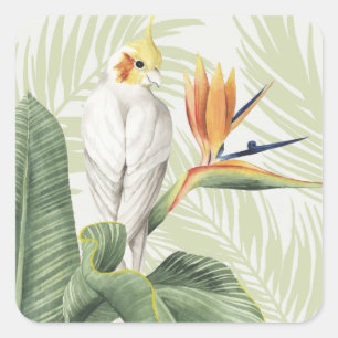 Sticker Carré Feuilles De Palmiers Avec Oiseau Blanc