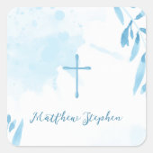 Sticker Carré Feuilles et croix de couleur bleu communion (Devant)