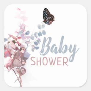Sticker Carré Feuilles papillons, Baby shower élégant