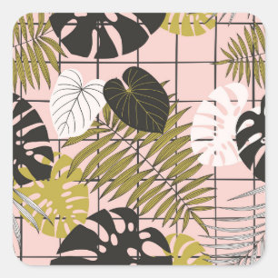 Sticker Carré Feuilles tropicaux, fleurs, motif peint à la main.