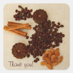 Sticker Carré Fèves de café, amandes, cannelle et biscuits