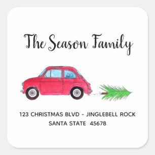 Sticker Carré Fiat 500 rétro avec arbre de Noël Aquarelle