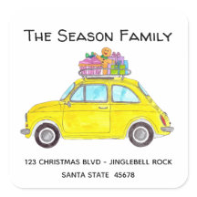 Fiat 500 Retro Jaune avec cadeaux de Noël