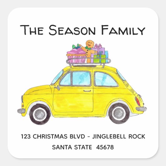 Sticker Carré Fiat 500 Retro Jaune avec cadeaux de Noël (Devant)