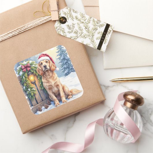Sticker Carré Field Spaniel Snowy Fence Santa Hat Christmas Art (Cadeaux)