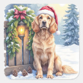 Sticker Carré Field Spaniel Snowy Fence Santa Hat Christmas Art (Devant)