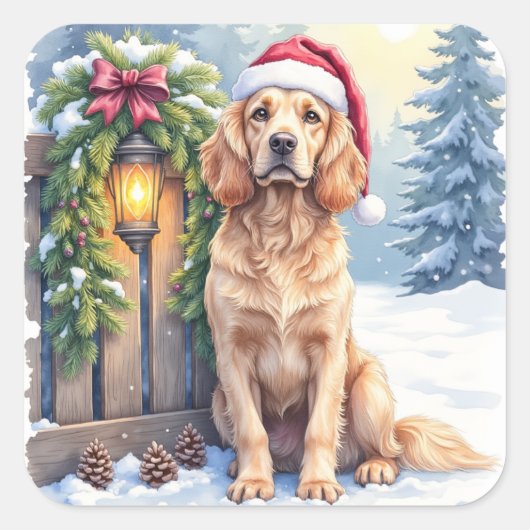 Sticker Carré Field Spaniel Snowy Fence Santa Hat Christmas Art (Devant)
