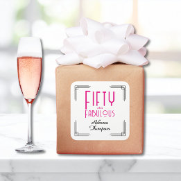 Sticker Carré Fifty and Fabulous Hot Pink Art Deco 50th Birthday