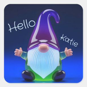Sticker Carré Figurine de gnome en verre translucide avec nom pe