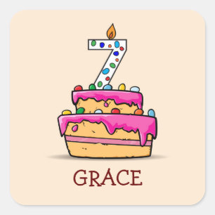 Sticker Carré Fille 7e anniversaire, 7 sur Gâteau rose doux