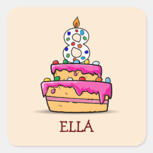 Sticker Carré Fille 8e anniversaire, 8 sur Gâteau rose doux