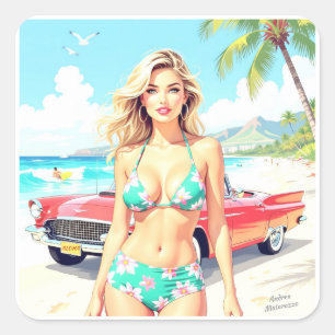 Sticker Carré Fille à la plage avec une voiture classique