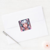 Sticker Carré Fille Anime avec oreilles et casques de fureur (Enveloppe)