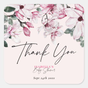 Sticker Carré Fille Aquarelle rose Baby shower Floral Merci