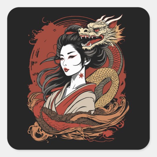 Sticker Carré Fille asiatique | Dragon chinois (Devant)